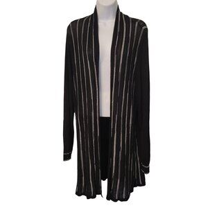 Chicos Travelers 2 Black Stripe Open Front Long Duster Cardigan Sweater L 12